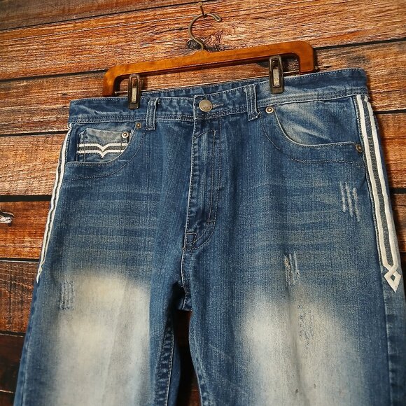 GS115 Jeans Mens 38X33 Blake Slim Distressed Y2K Bleach Spots Embroidered Blue - Picture 4 of 12